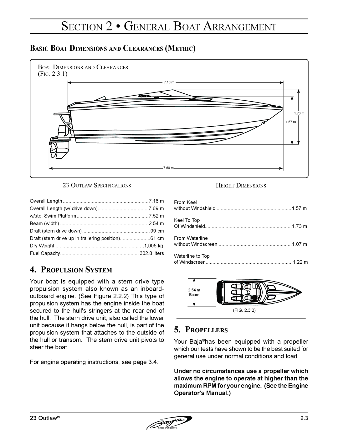 Baja Marine 23 manual Basic Boat Dimensions and Clearances Metric, Propulsion System, Propellers 