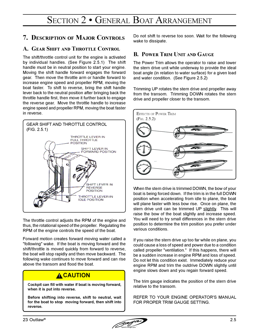 Baja Marine 23 manual Description of Major Controls, Gear Shift and Throttle Control, Power Trim Unit and Gauge 