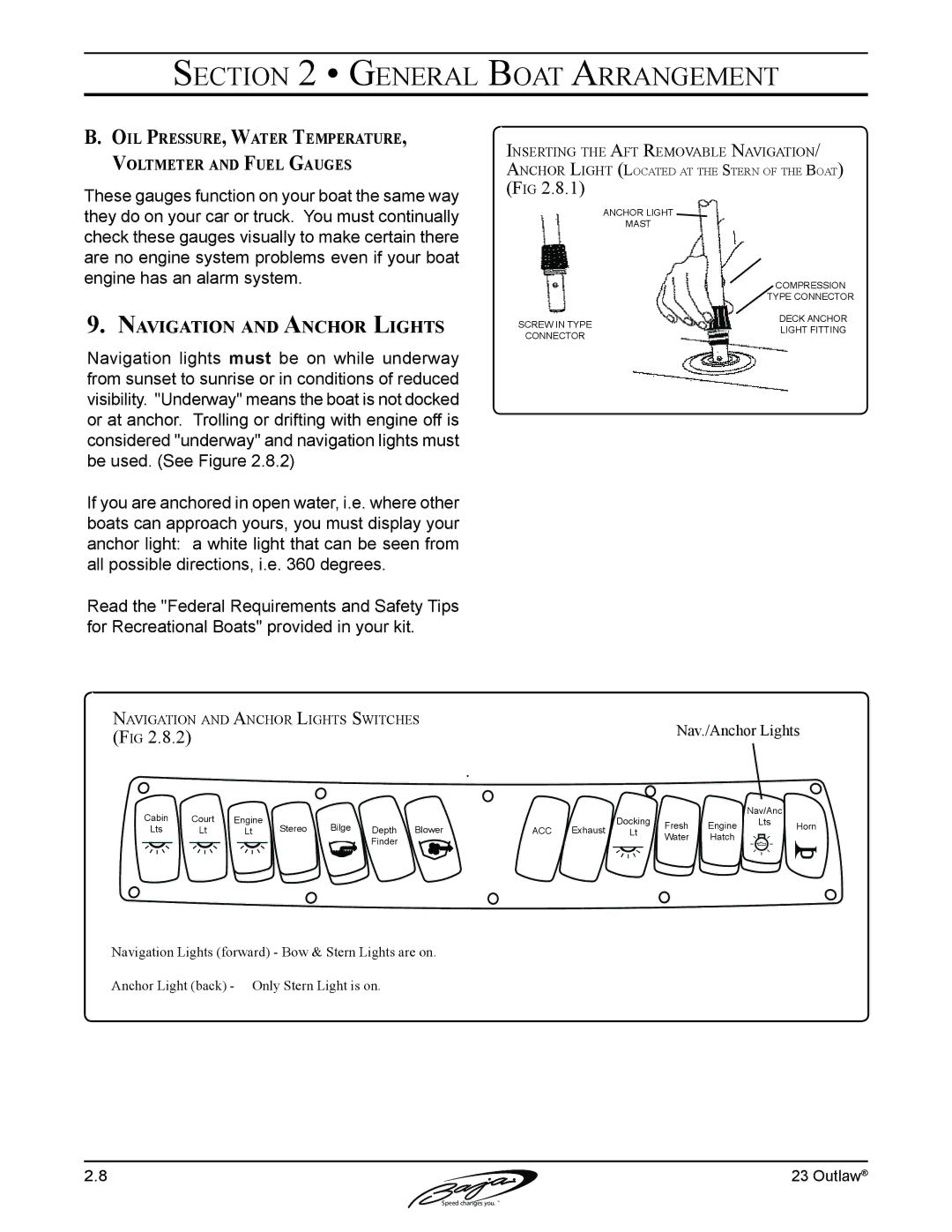 Baja Marine 23 manual Navigation and Anchor Lights, Oil Pressure, Water Temperature, Voltmeter and Fuel Gauges 