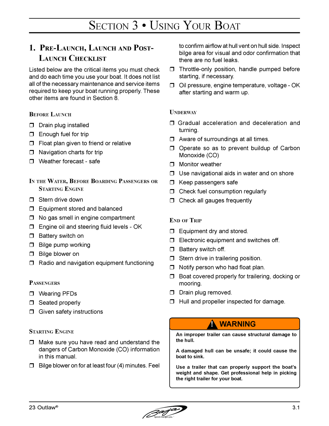 Baja Marine 23 manual Using Your Boat, Pre-Launch, Launch and Post- Launch Checklist 