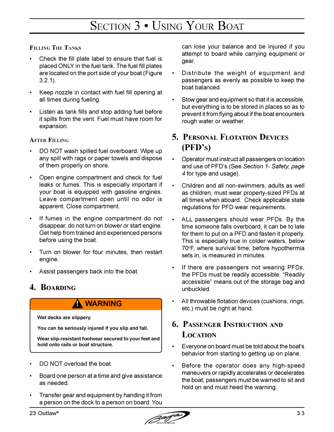 Baja Marine 23 manual Boarding, Personal Flotation Devices, Passenger Instruction and Location 