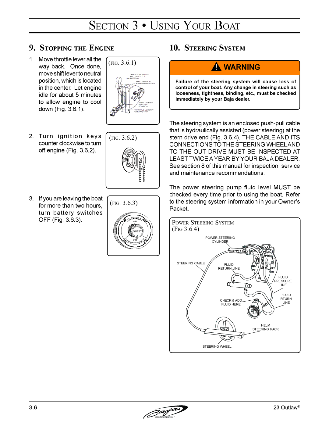 Baja Marine 23 manual Stopping the Engine, Steering System 