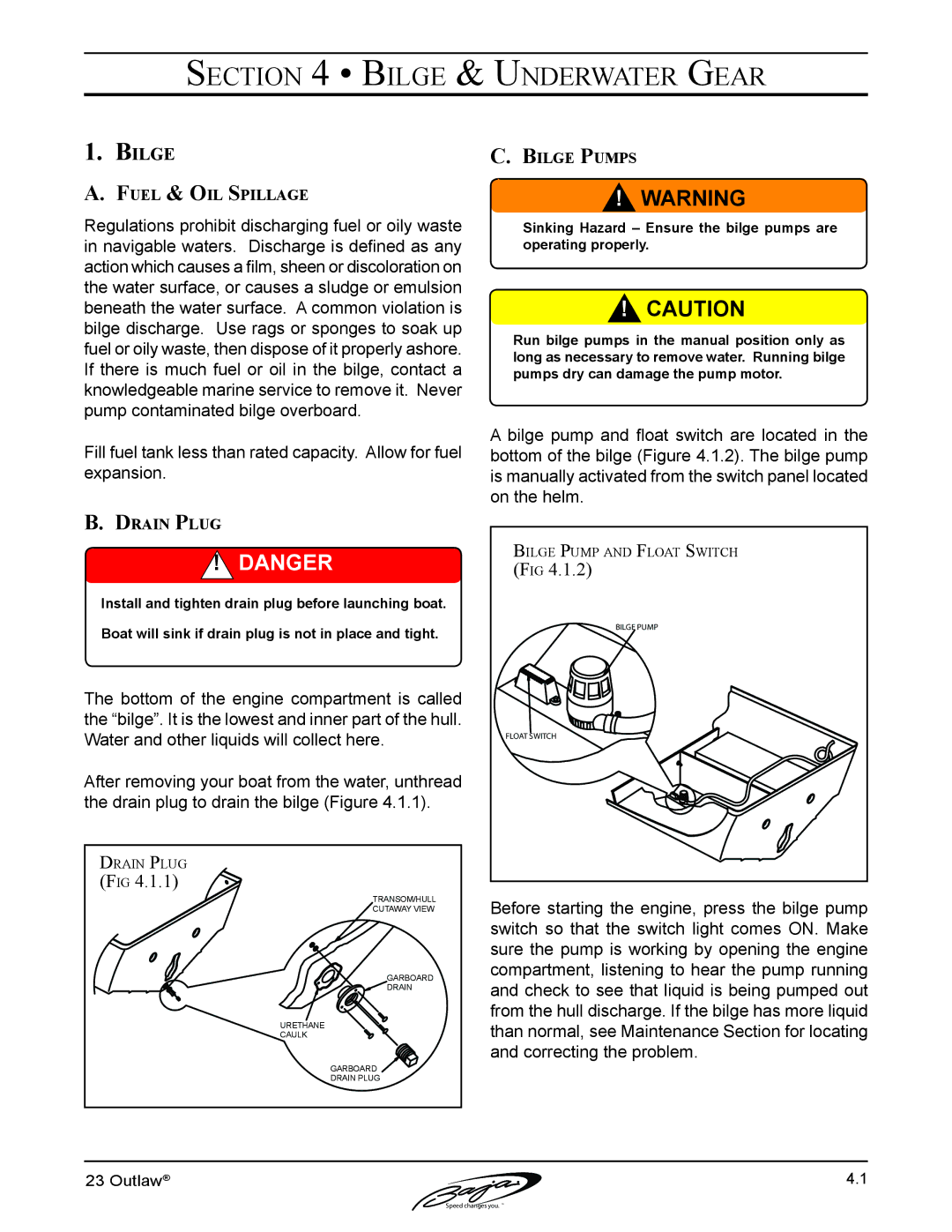 Baja Marine 23 manual Bilge & Underwater Gear, Fuel & Oil Spillage, Bilge Pumps, Drain Plug 