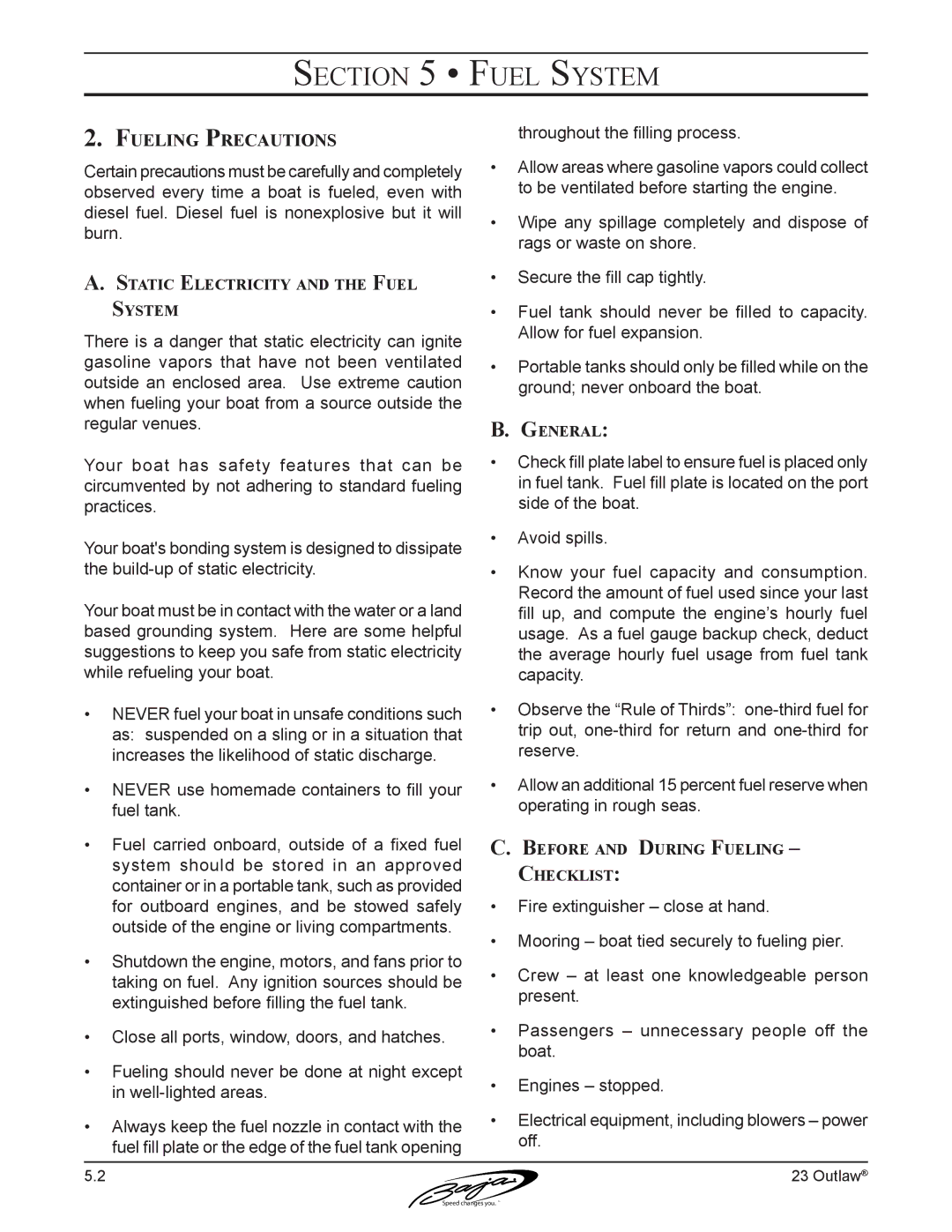 Baja Marine 23 manual Fueling Precautions, Static Electricity and the Fuel System, Before and During Fueling Checklist 