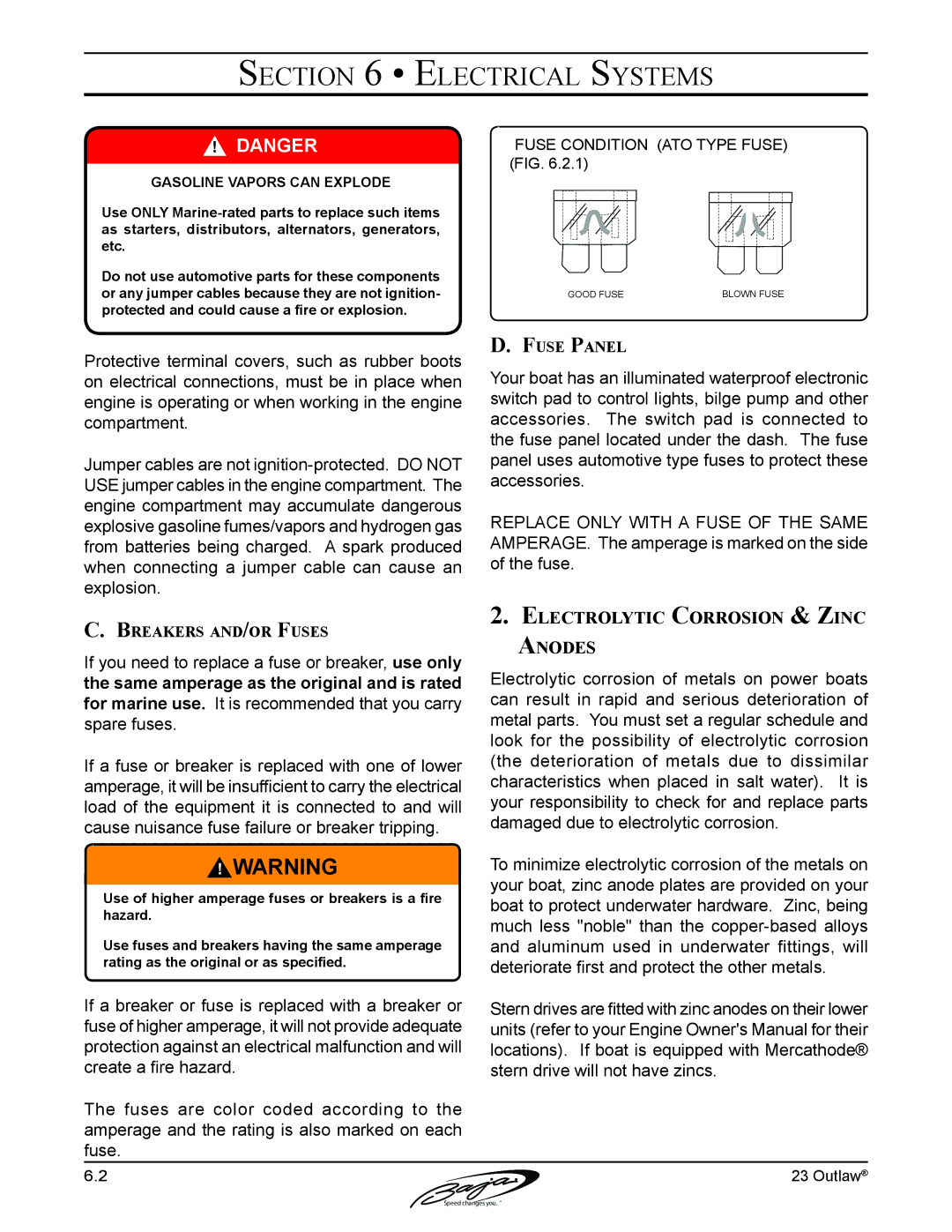 Baja Marine 23 manual Electrolytic Corrosion & Zinc Anodes, Breakers and/or Fuses, Fuse Panel 