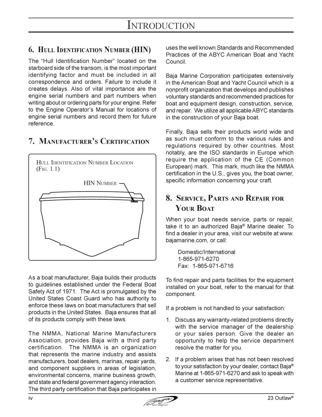 Baja Marine 23 manual Hull Identification Number HIN, Manufacturer’s Certification, Service, Parts and Repair for Your Boat 