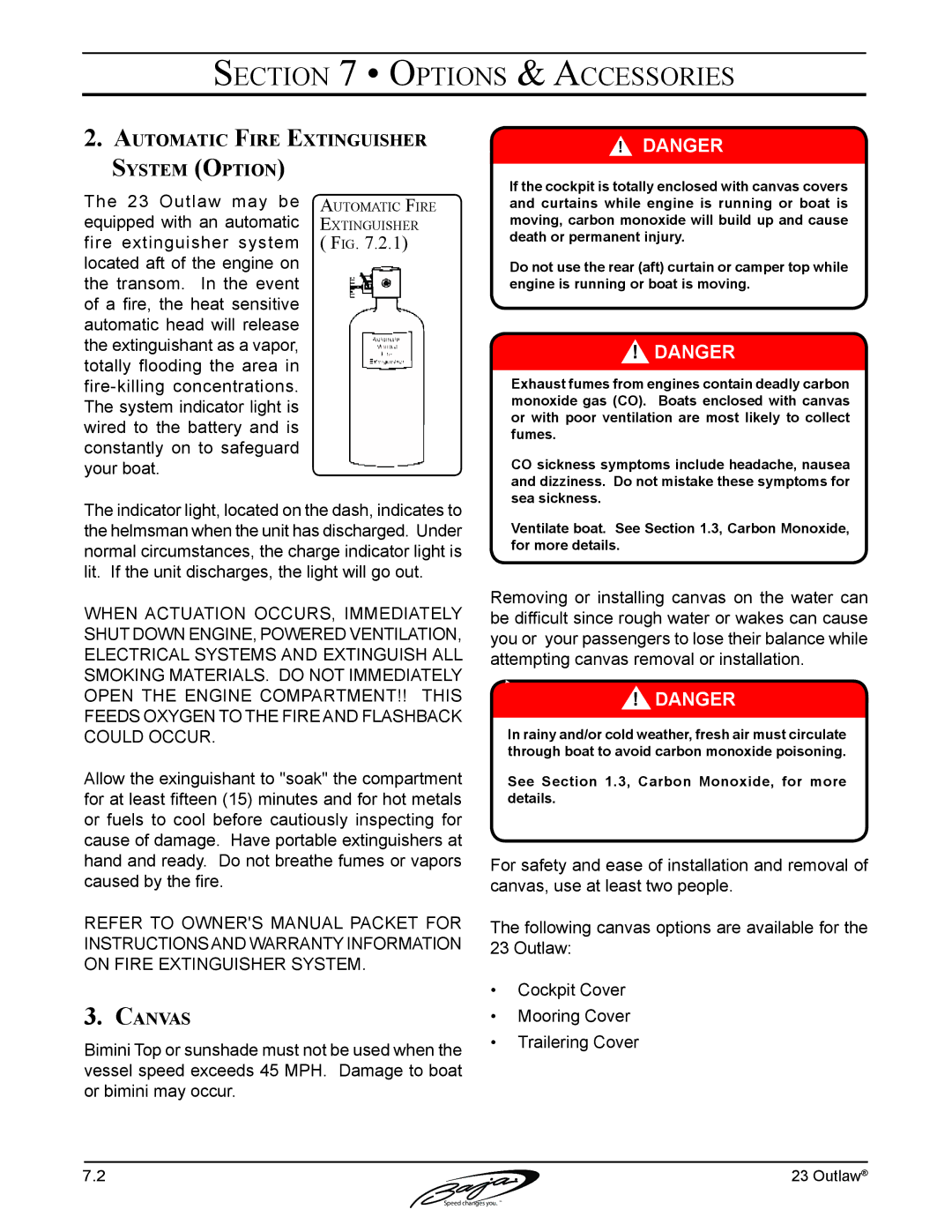 Baja Marine 23 manual Automatic Fire Extinguisher System Option, Canvas 