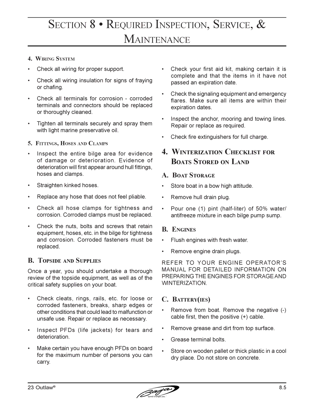 Baja Marine 23 Winterization Checklist for Boats Stored on Land, Topside and Supplies, Boat Storage, Engines, Batteryies 