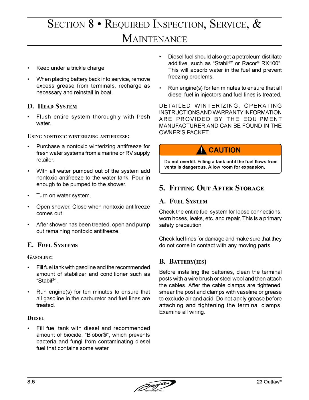 Baja Marine 23 manual Fitting Out After Storage, Head System, Fuel Systems 