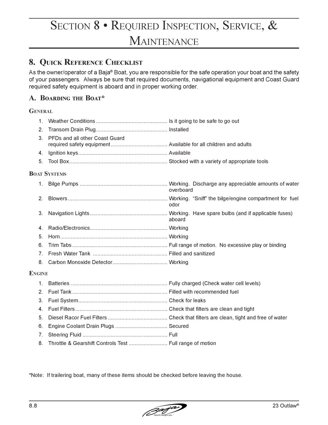 Baja Marine 23 manual Quick Reference Checklist, Boarding the Boat 