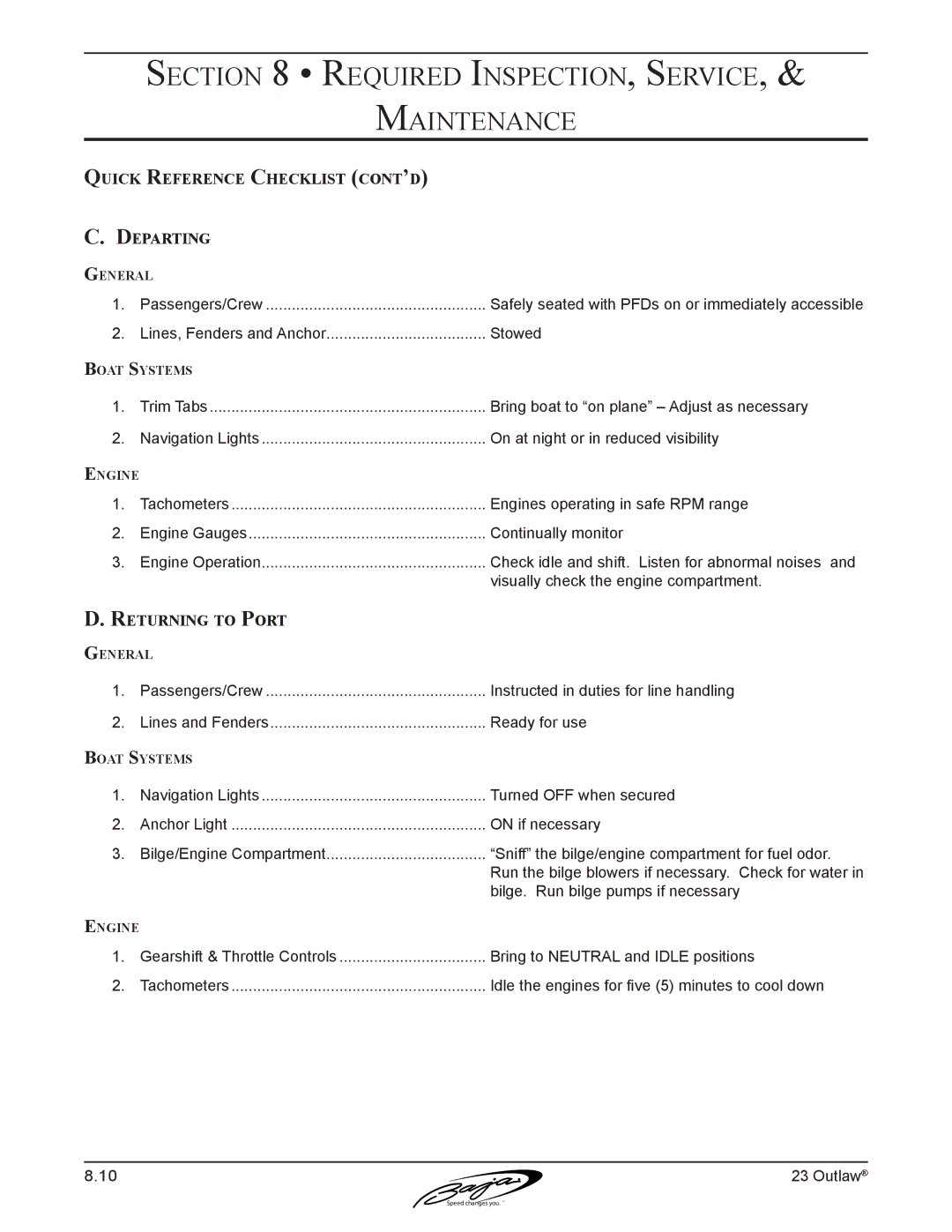 Baja Marine 23 manual Quick Reference Checklist cont’d Departing, Returning to Port 