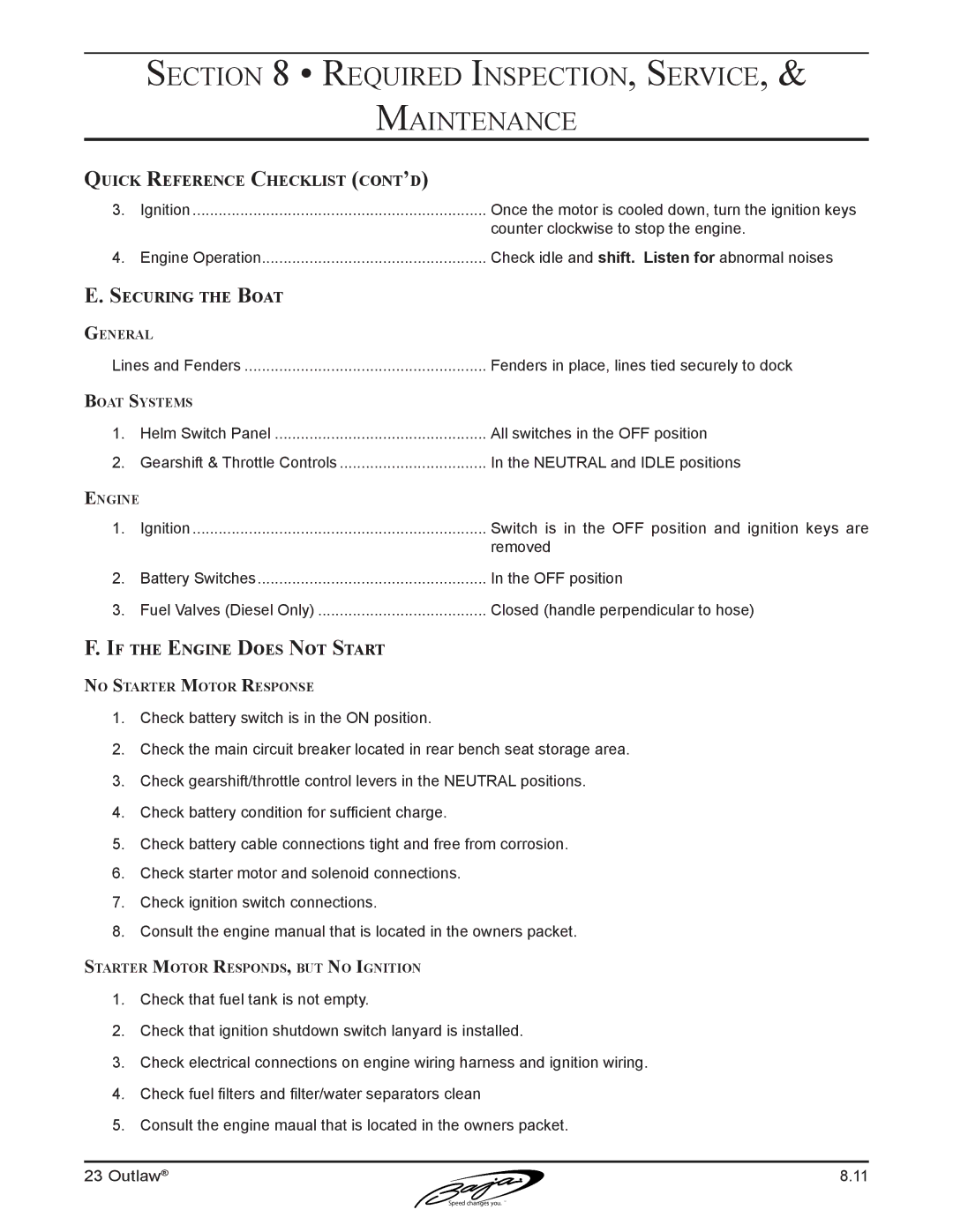 Baja Marine 23 manual Quick Reference Checklist cont’d, Securing the Boat, If the Engine Does Not Start 