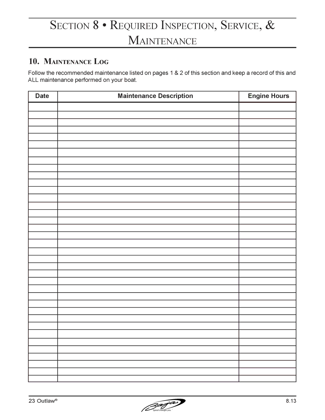 Baja Marine 23 manual Maintenance Log 