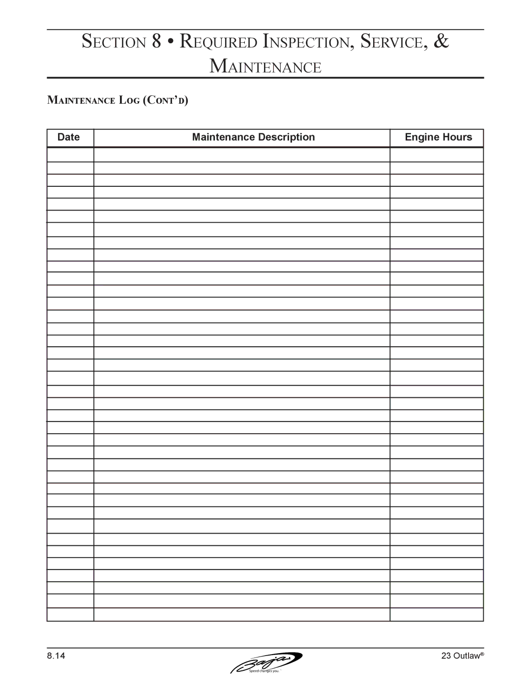 Baja Marine 23 manual Maintenance Log Cont’d 