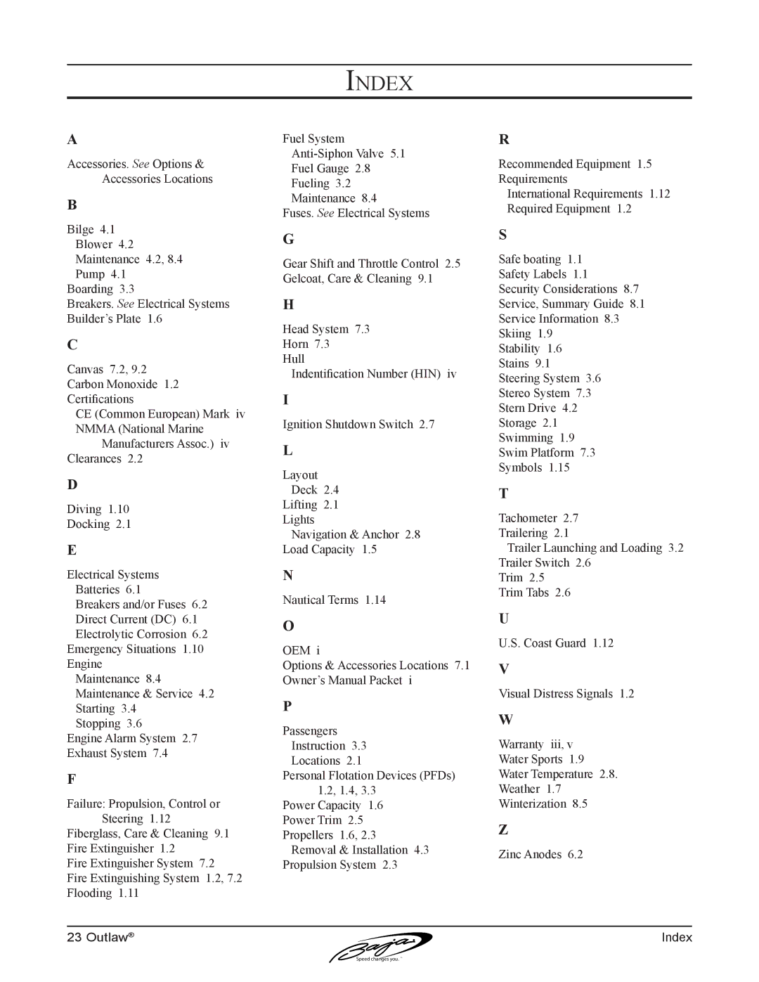 Baja Marine 23 manual Index 