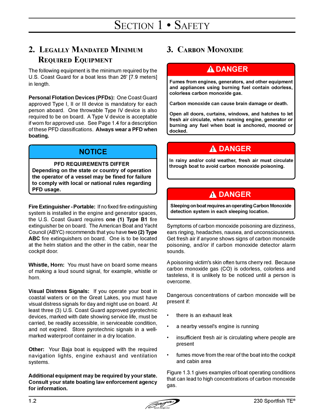 Baja Marine 230 manual Legally Mandated Minimum Required Equipment, Carbon Monoxide 