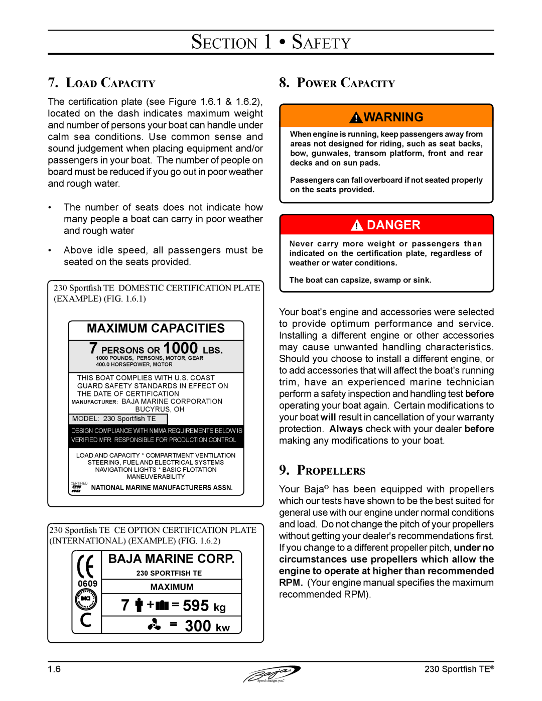 Baja Marine 230 manual Load Capacity, Power Capacity, Propellers 