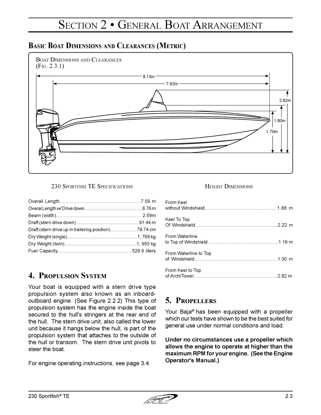 Baja Marine 230 manual Basic Boat Dimensions and Clearances Metric, Propulsion System 