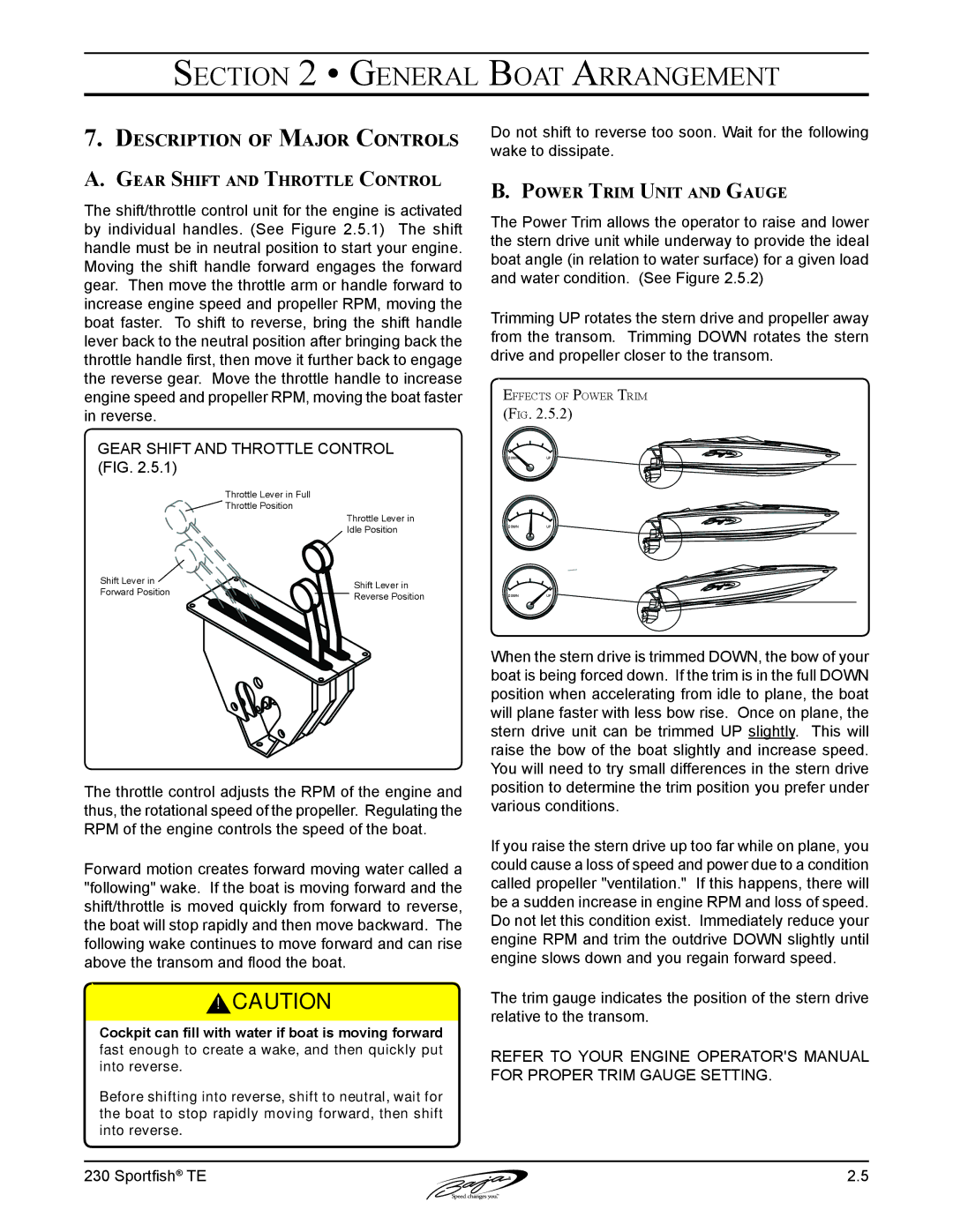 Baja Marine 230 manual Description of Major Controls, Gear Shift and Throttle Control, Power Trim Unit and Gauge 