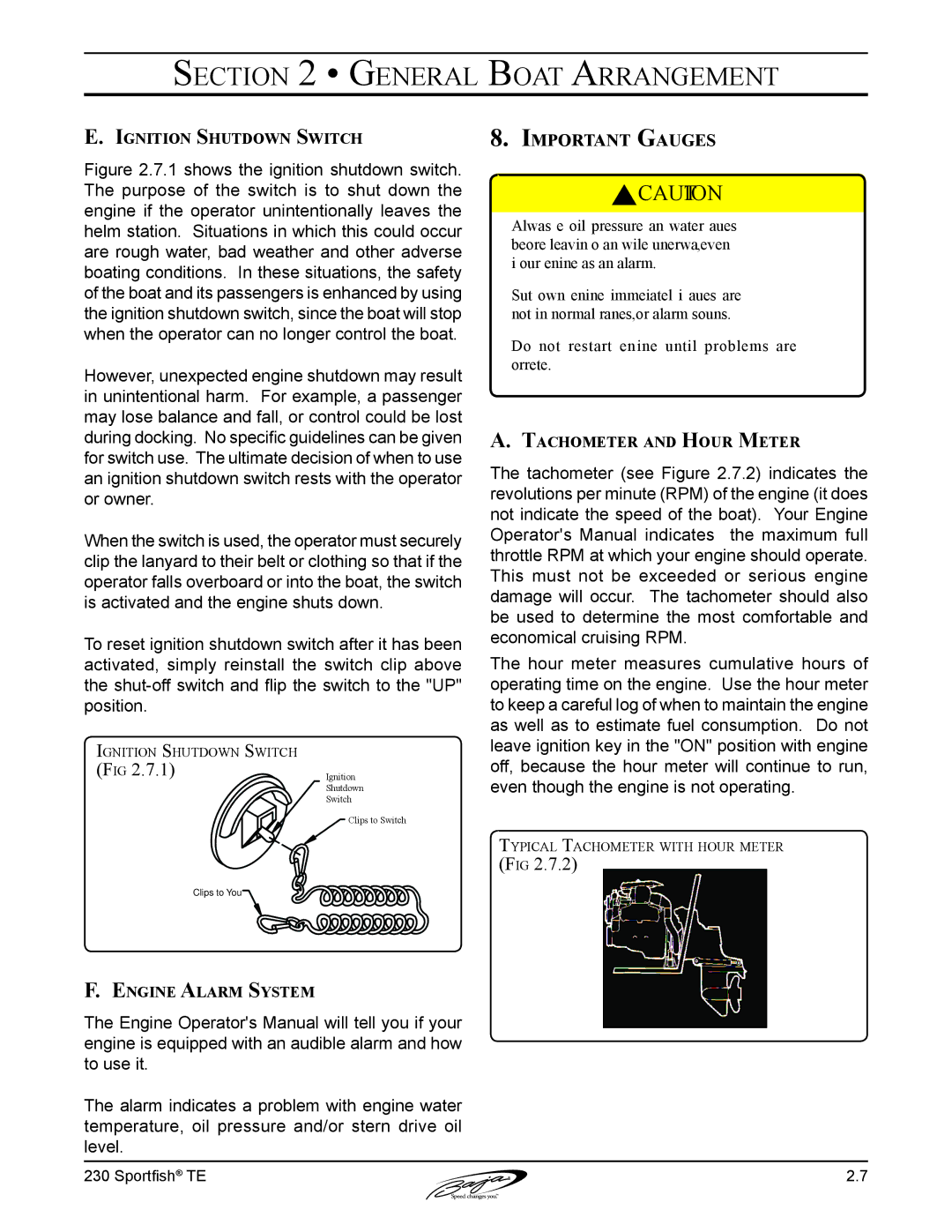 Baja Marine 230 manual Important Gauges, Ignition Shutdown Switch, Tachometer and Hour Meter, Engine Alarm System 
