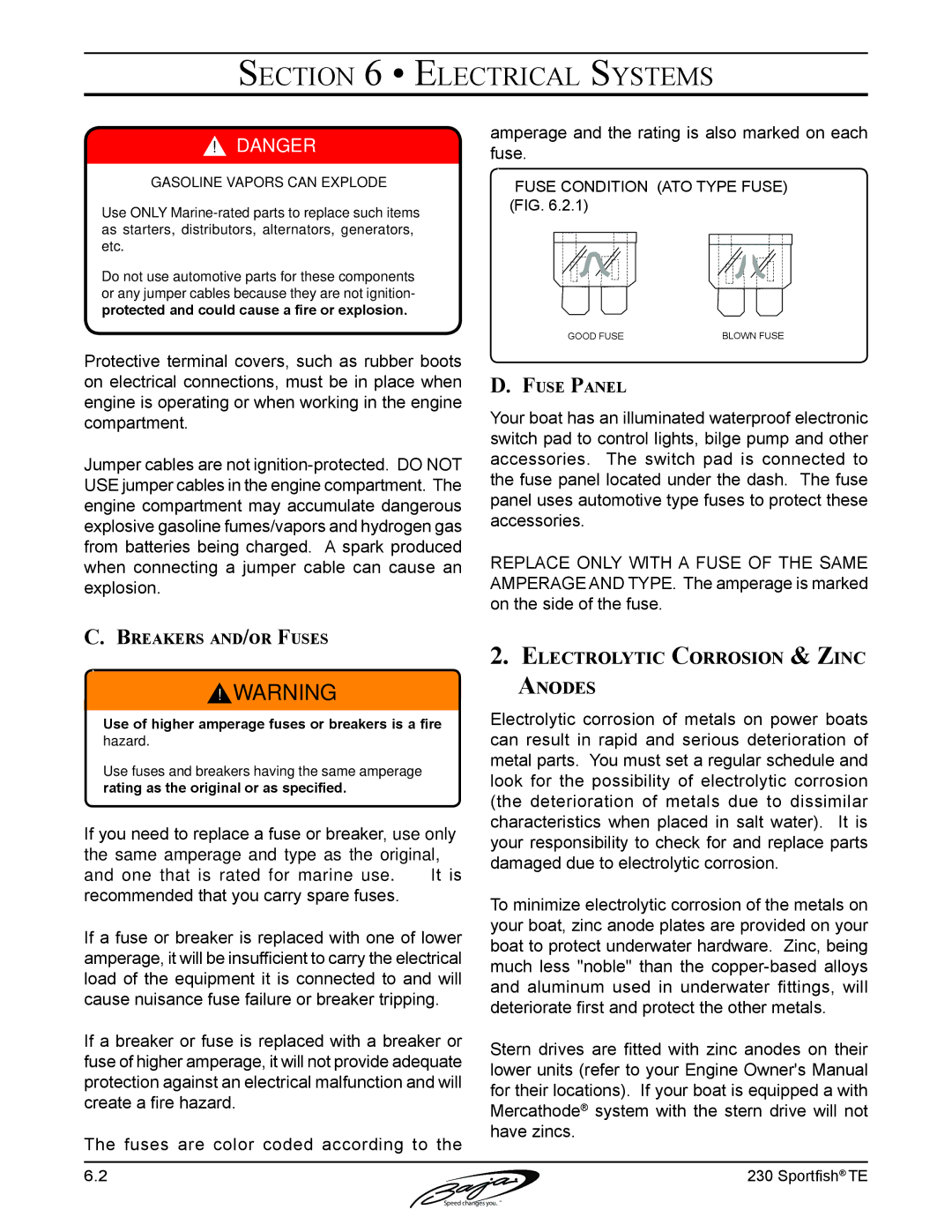 Baja Marine 230 manual Electrolytic Corrosion & Zinc Anodes, Breakers and/or Fuses, Fuse Panel 