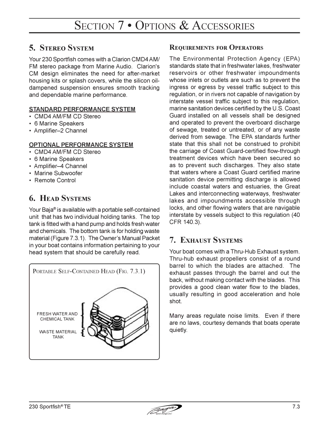 Baja Marine 230 manual Stereo System, Head Systems, Exhaust Systems, Requirements for Operators 