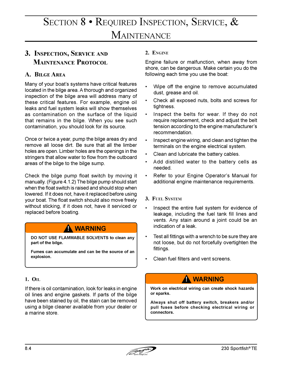 Baja Marine 230 manual Inspection, Service and Maintenance Protocol, Bilge Area 