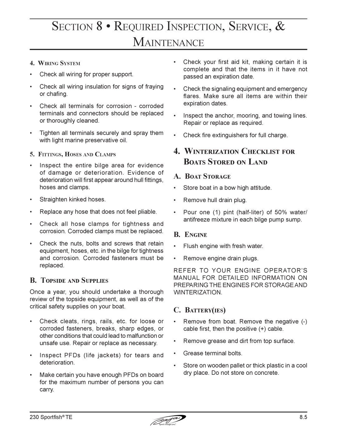 Baja Marine 230 Winterization Checklist for Boats Stored on Land, Topside and Supplies, Boat Storage, Engine, Batteryies 