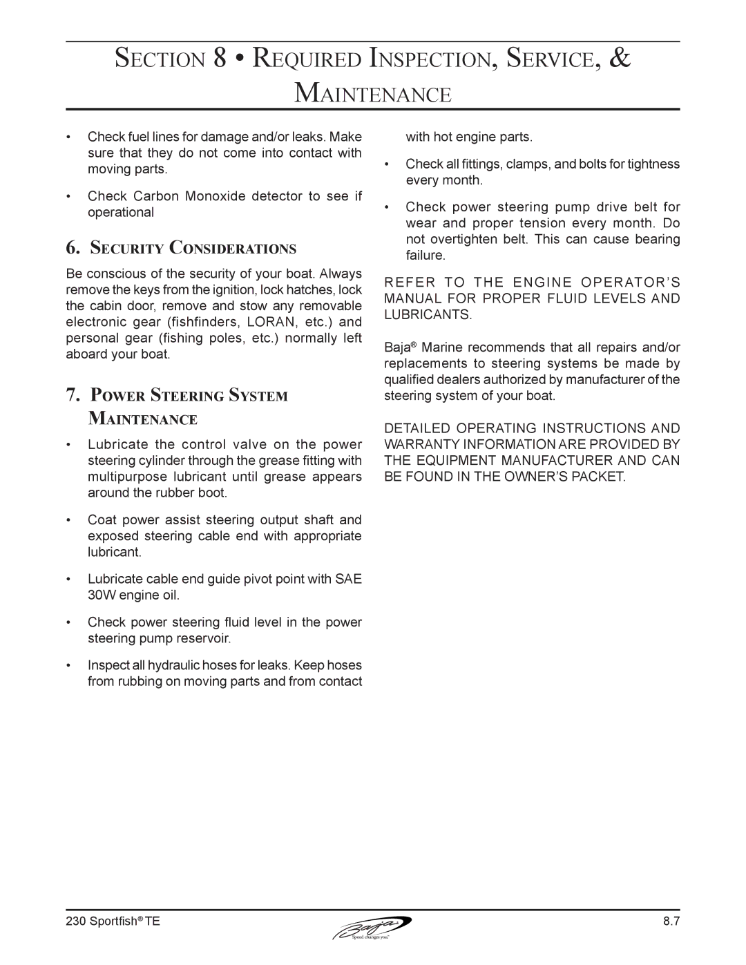 Baja Marine 230 manual Security Considerations, Power Steering System Maintenance 