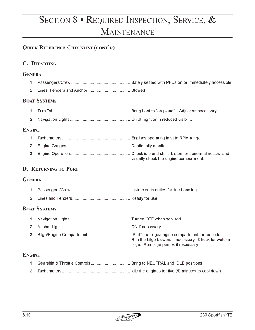 Baja Marine 230 manual Quick Reference Checklist cont’d Departing General, Returning to Port General 