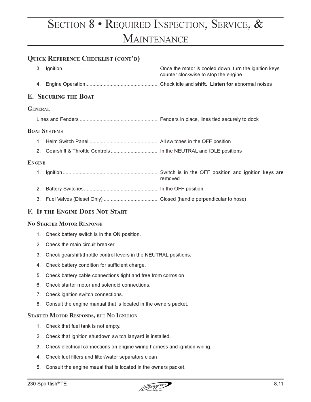 Baja Marine 230 manual Quick Reference Checklist cont’d, Securing the Boat, If the Engine Does Not Start 