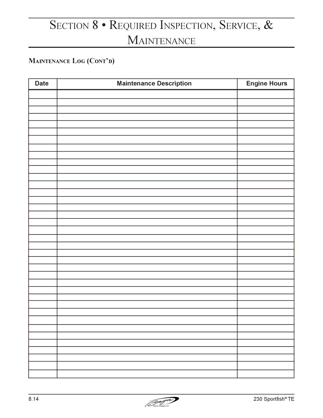 Baja Marine 230 manual Maintenance Log Cont’d 