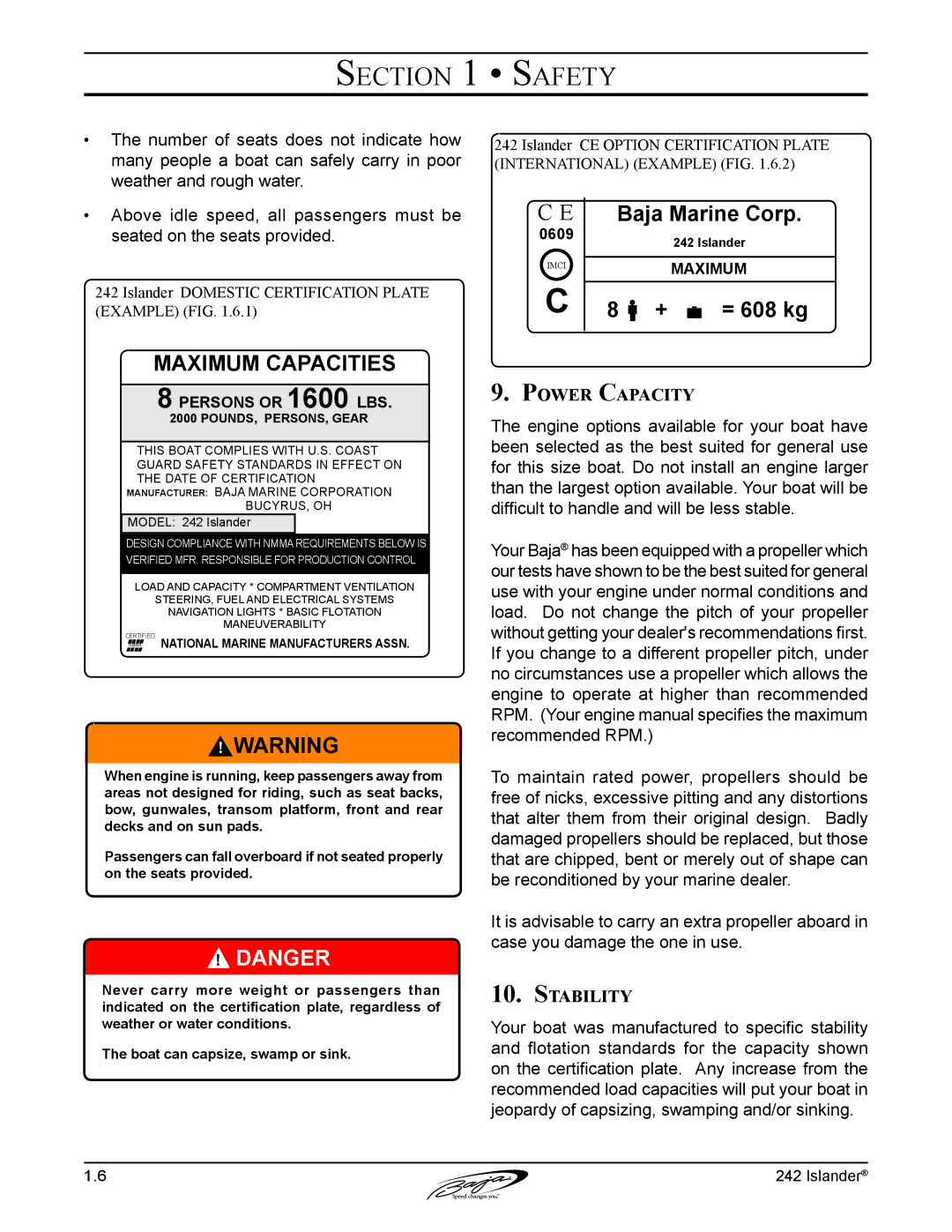 Baja Marine 242 manual Power Capacity, Stability 