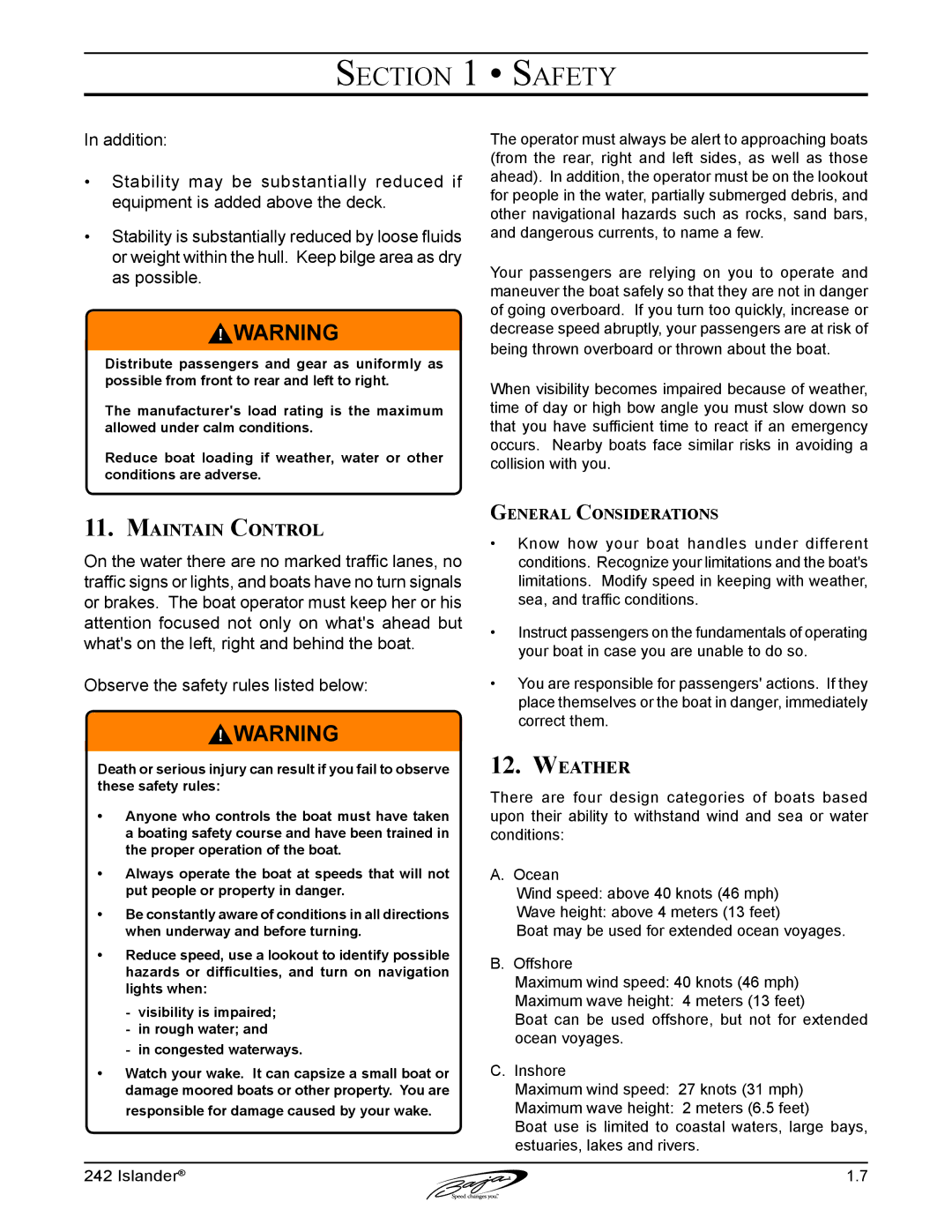 Baja Marine 242 manual Maintain Control, Weather, General Considerations 