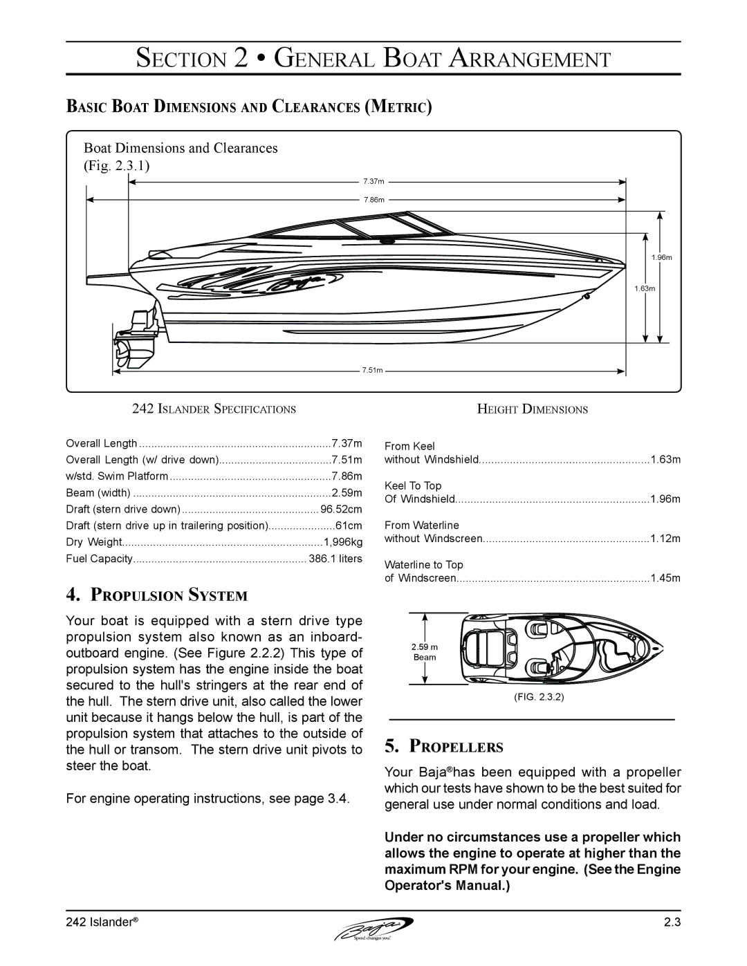 Baja Marine 242 manual Basic Boat Dimensions and Clearances Metric, Propulsion System, Propellers 