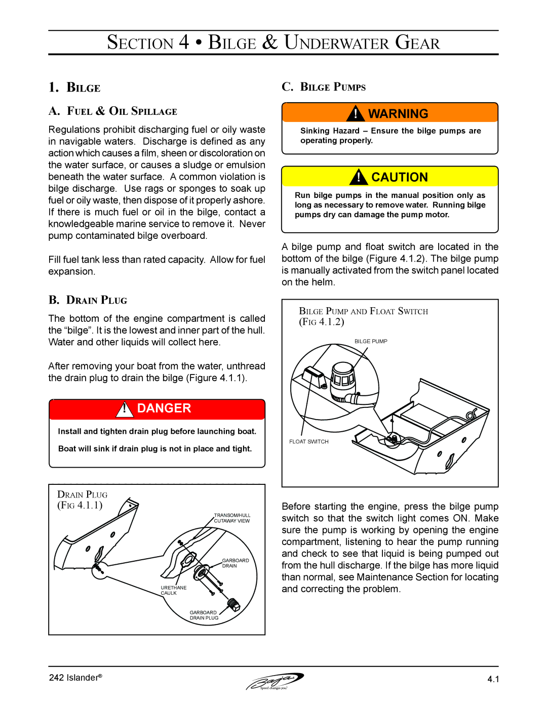 Baja Marine 242 manual Bilge & Underwater Gear, Fuel & Oil Spillage, Bilge Pumps, Drain Plug 