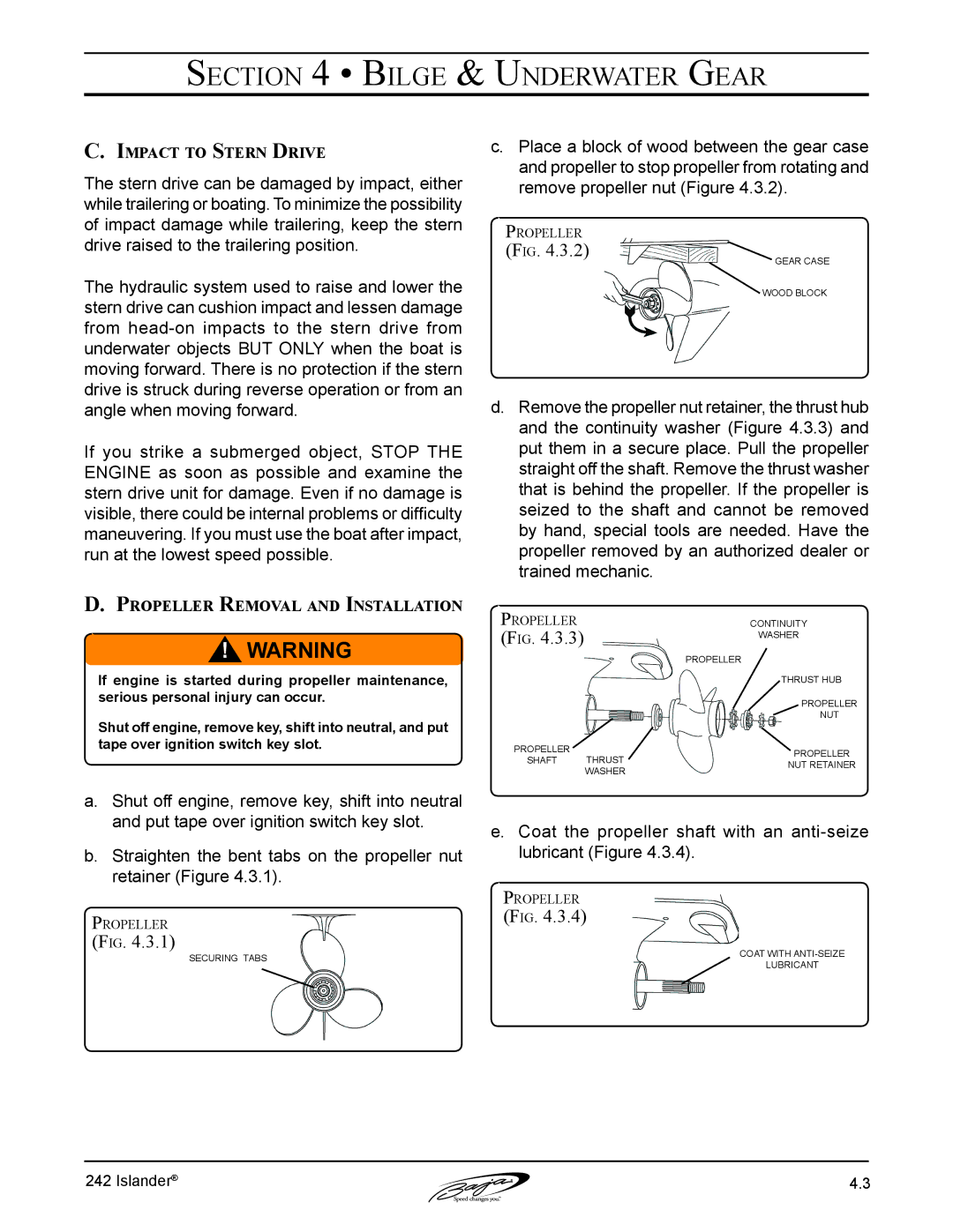 Baja Marine 242 manual Impact to Stern Drive, Propeller Removal and Installation 