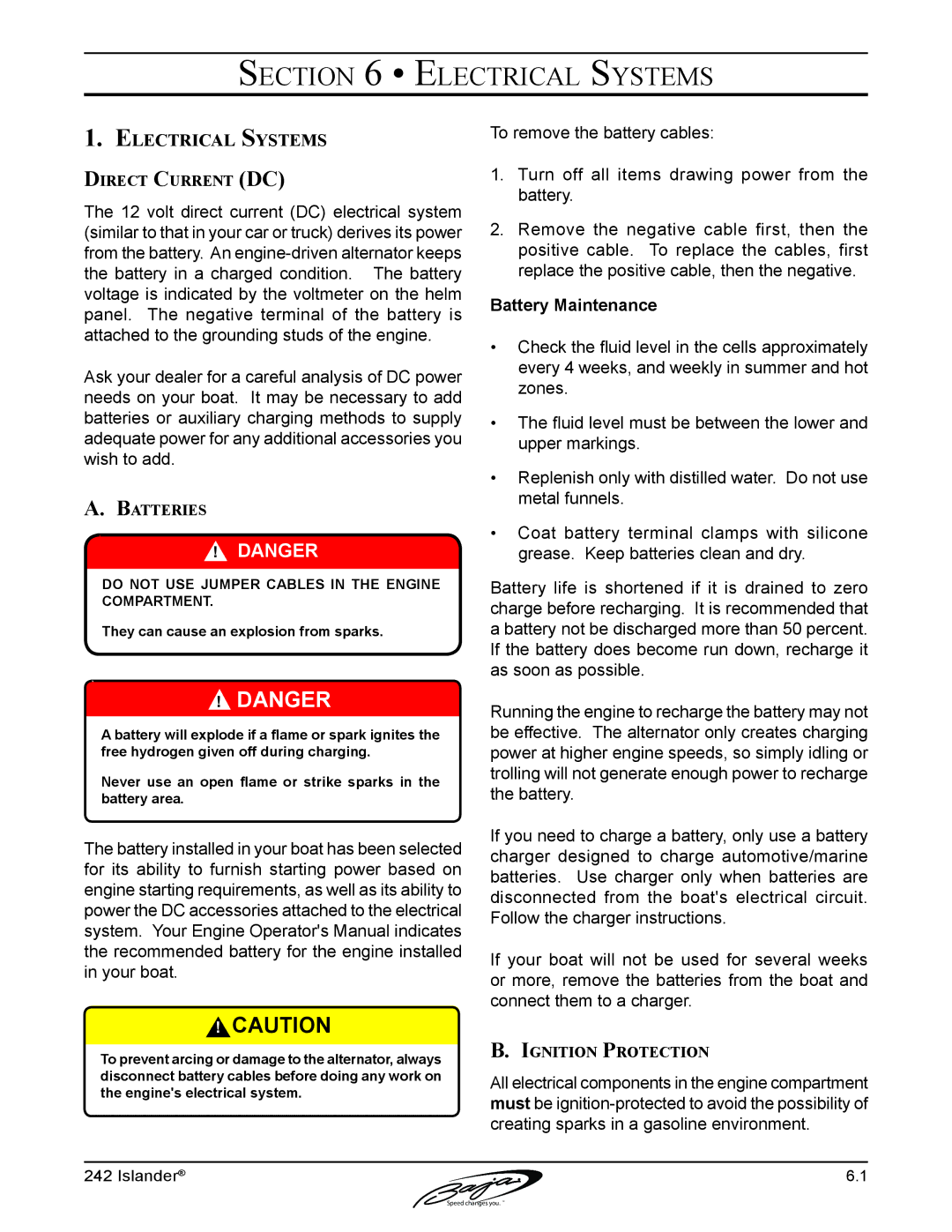 Baja Marine 242 manual Electrical Systems, Direct Current DC, Batteries, Ignition Protection 