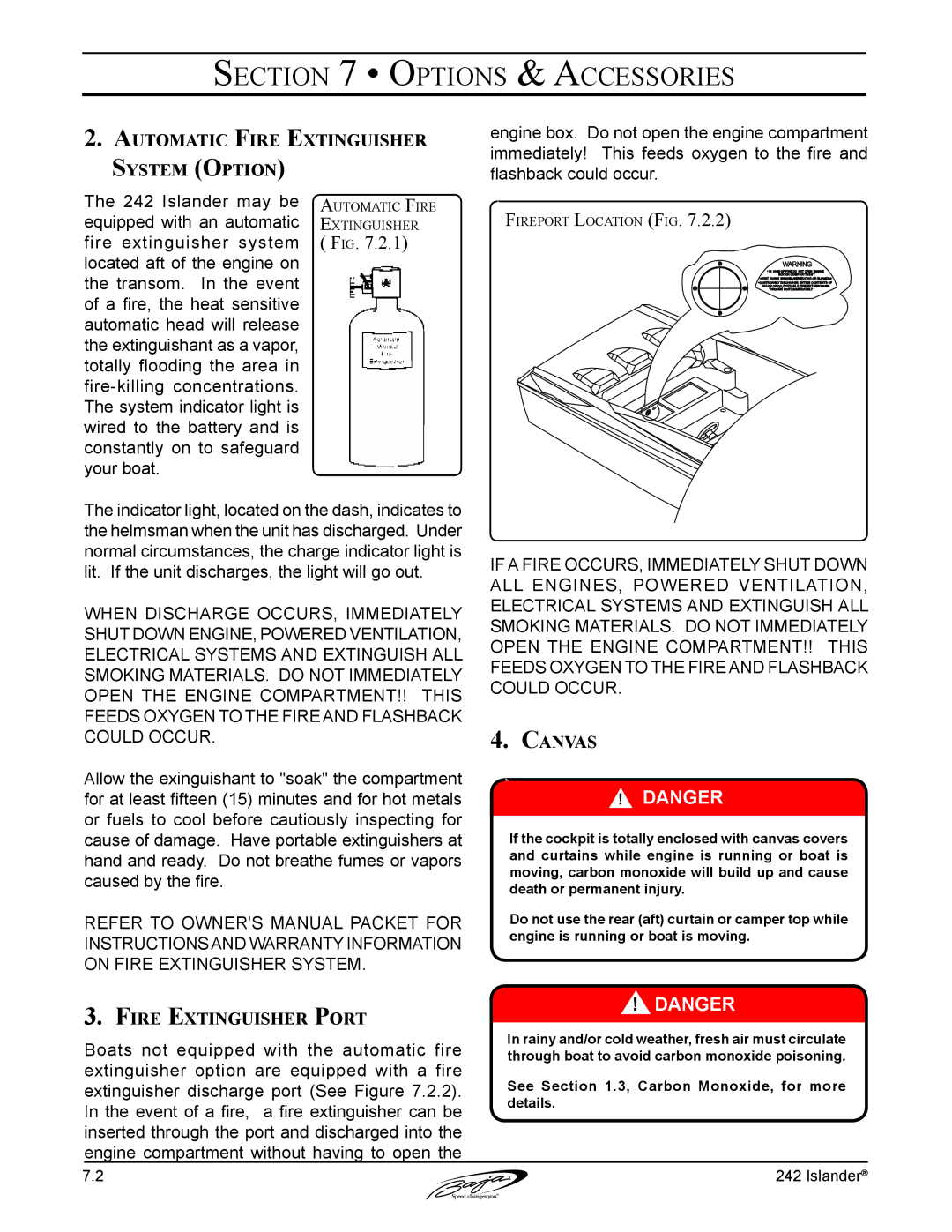 Baja Marine 242 manual Automatic Fire Extinguisher System Option, Fire Extinguisher Port, Canvas 