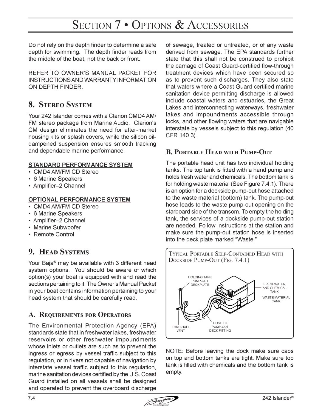 Baja Marine 242 manual Stereo System, Head Systems, Requirements for Operators, Portable Head with Pump-Out 