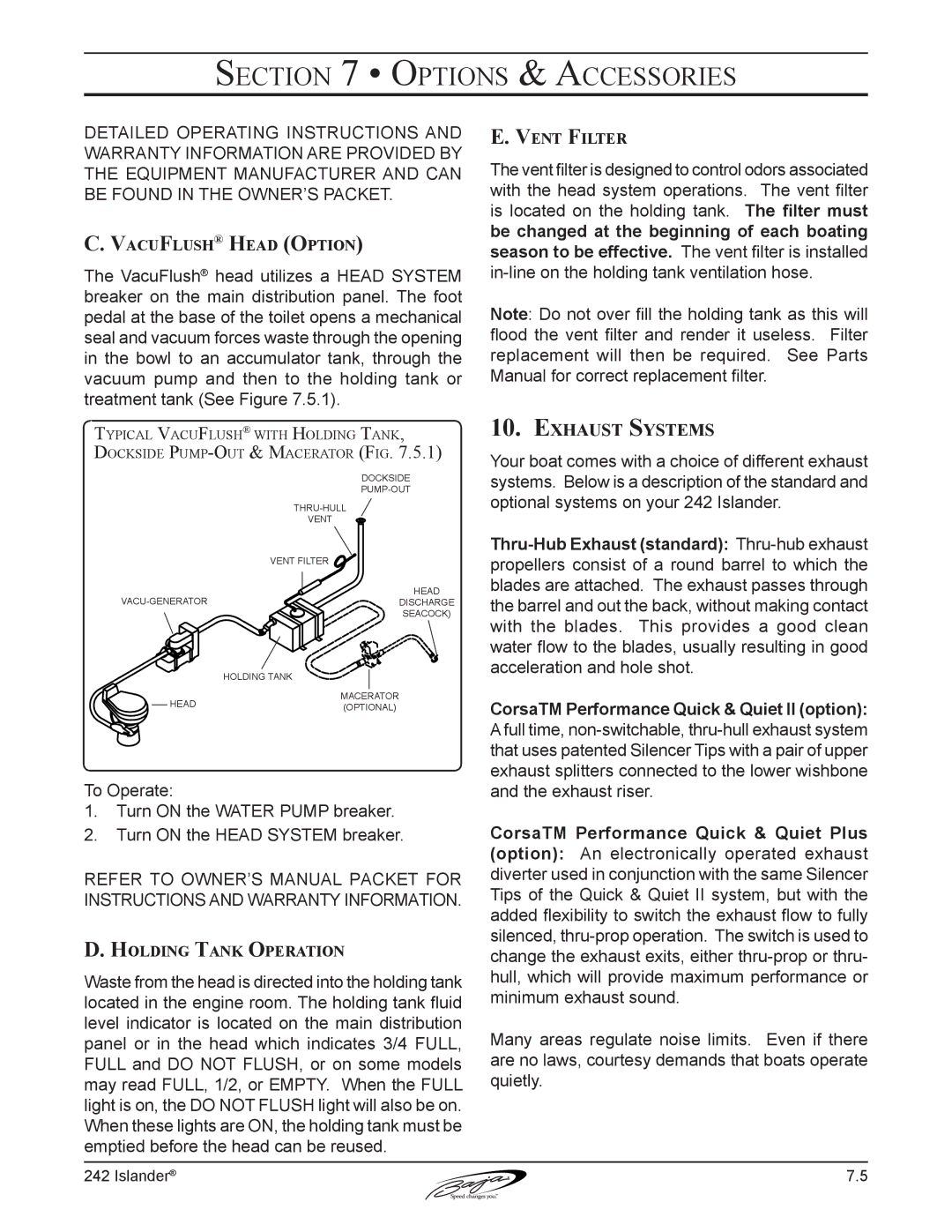 Baja Marine 242 manual Exhaust Systems, VacuFlush Head Option, Vent Filter, Holding Tank Operation 