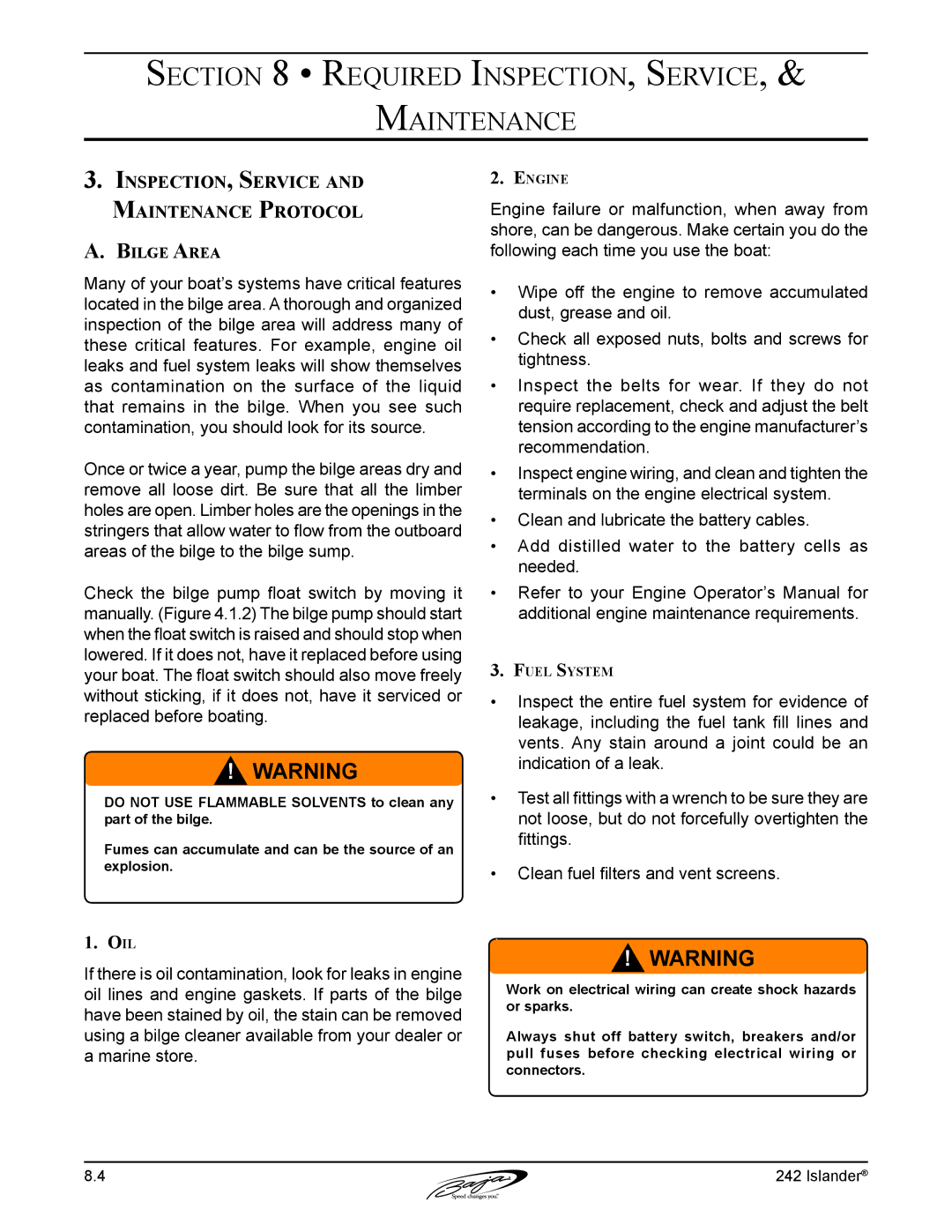 Baja Marine 242 manual Inspection, Service and Maintenance Protocol, Bilge Area 