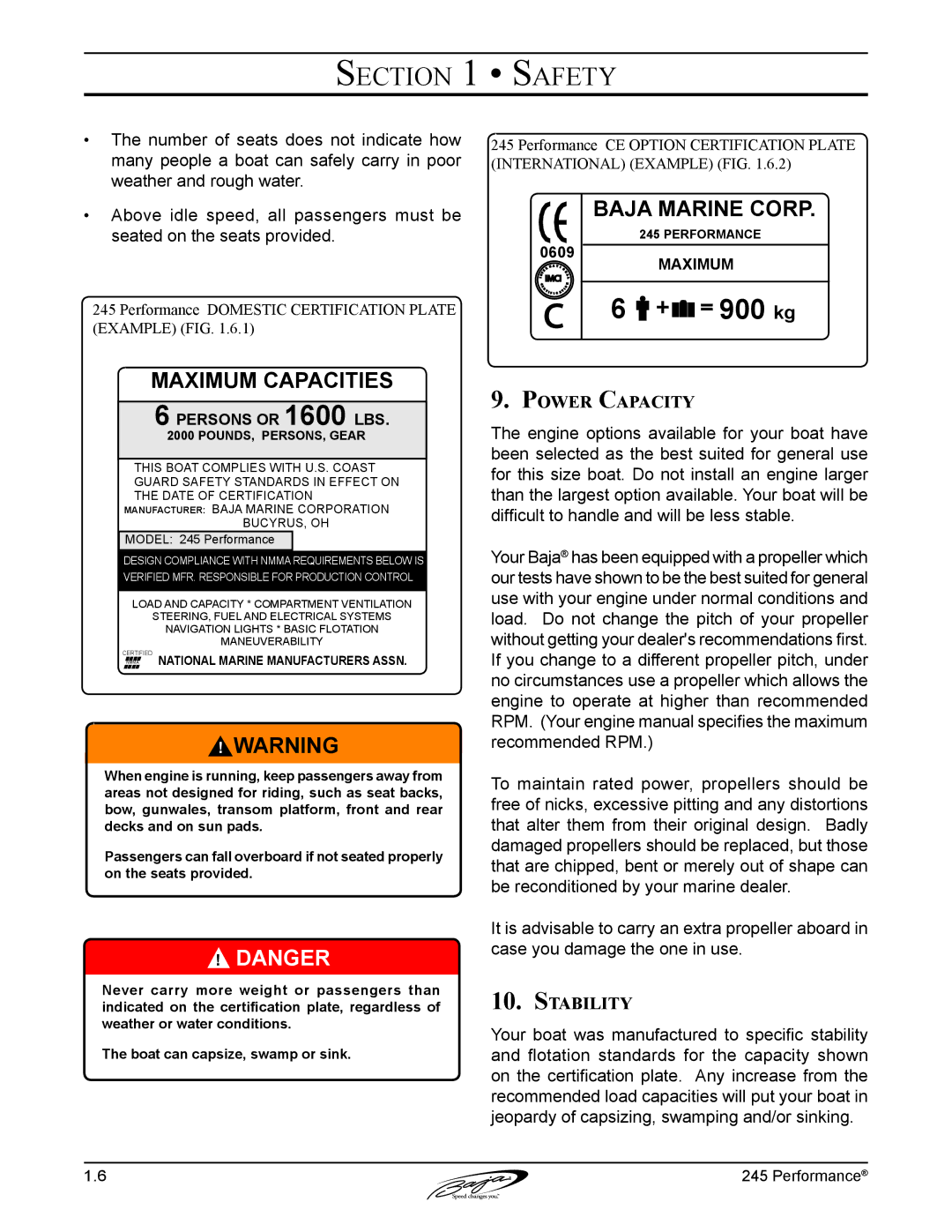 Baja Marine 245 manual Power Capacity, Stability 