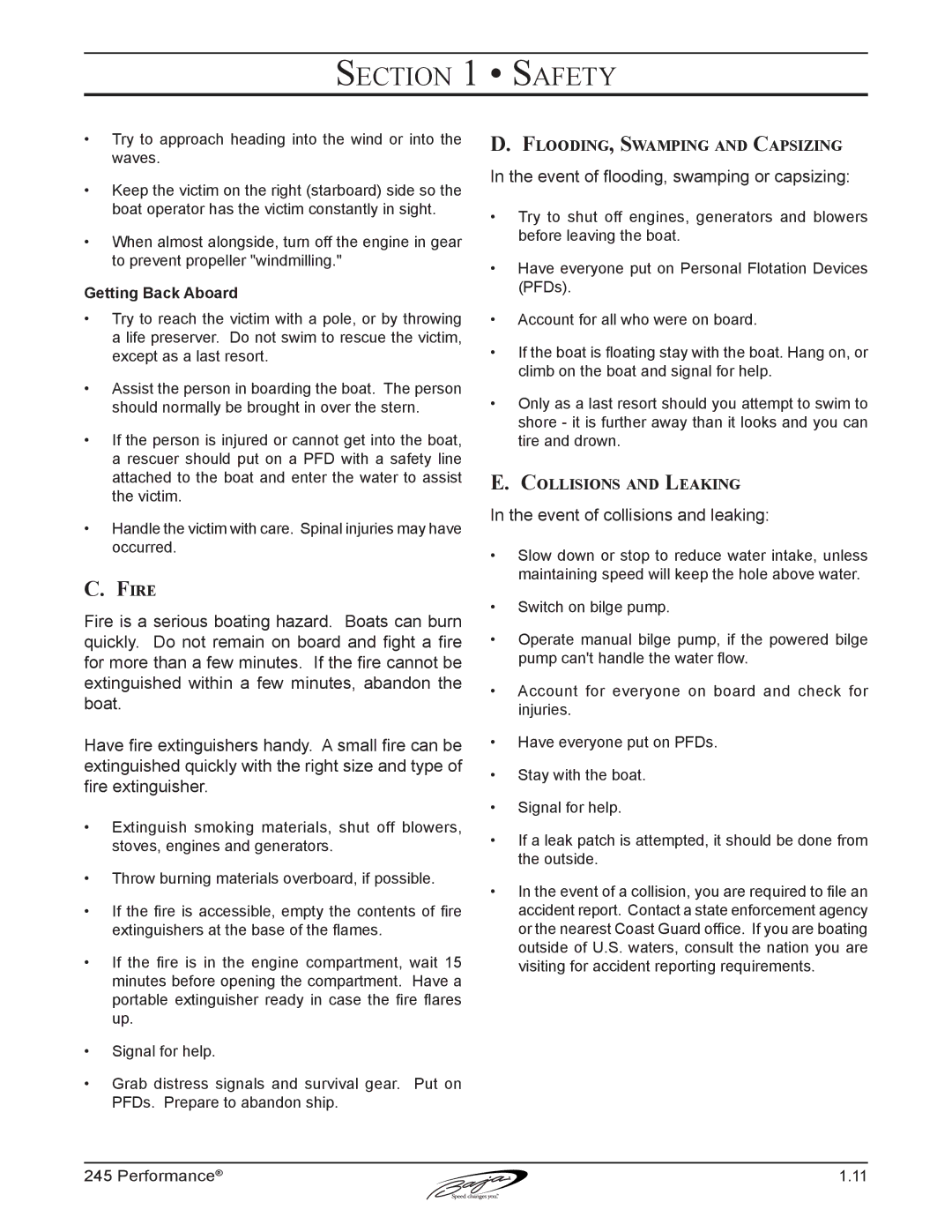 Baja Marine 245 manual Fire, Flooding, Swamping and Capsizing, Collisions and Leaking 