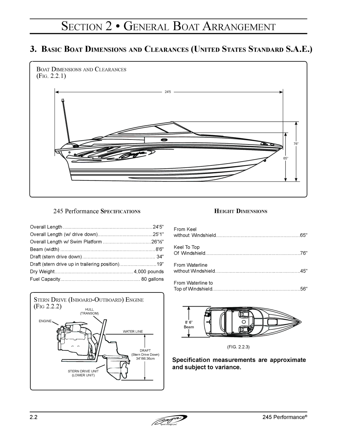 Baja Marine 245 manual Performance Specifications 