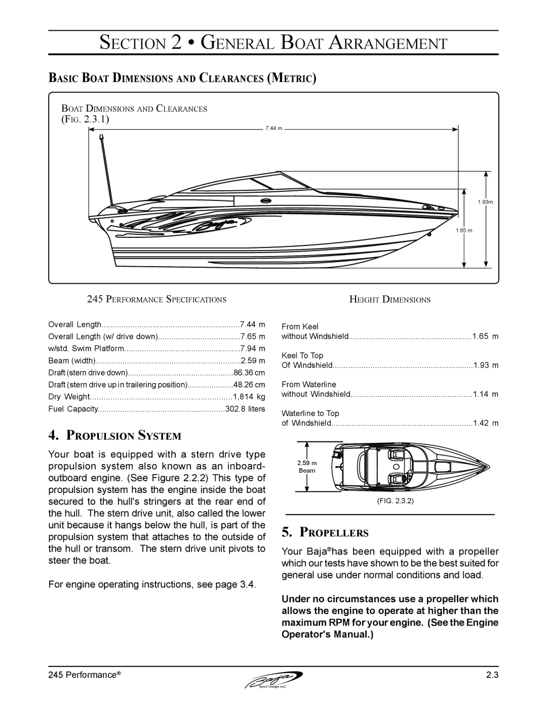 Baja Marine 245 manual Basic Boat Dimensions and Clearances Metric, Propulsion System, Propellers 