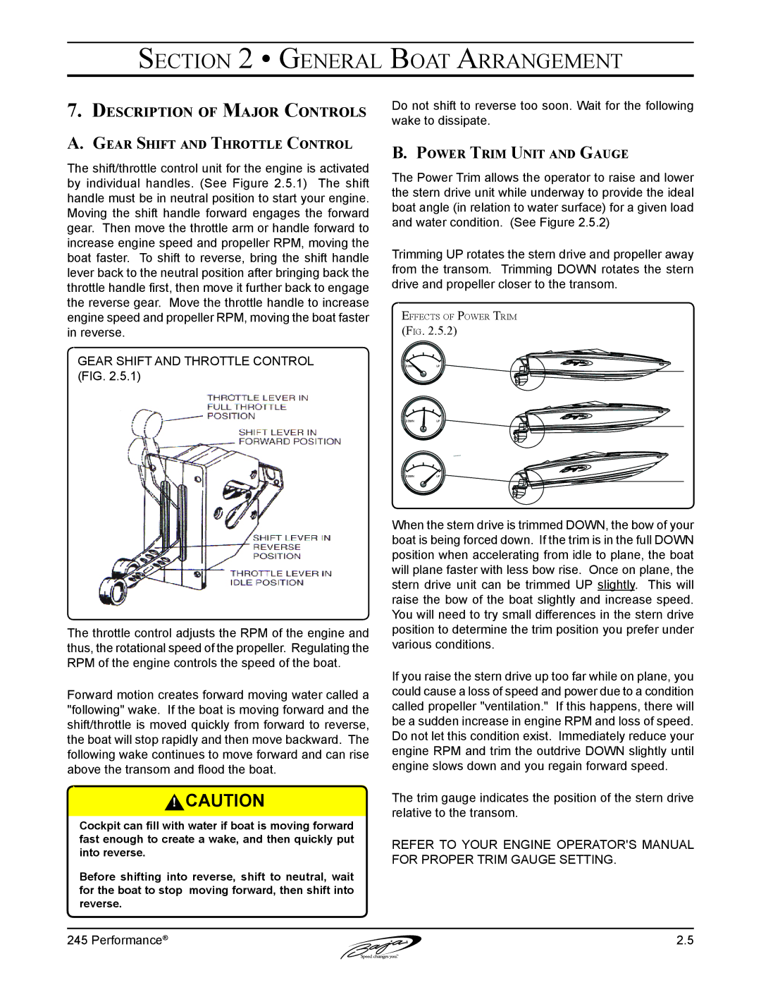 Baja Marine 245 manual Description of Major Controls, Gear Shift and Throttle Control, Power Trim Unit and Gauge 