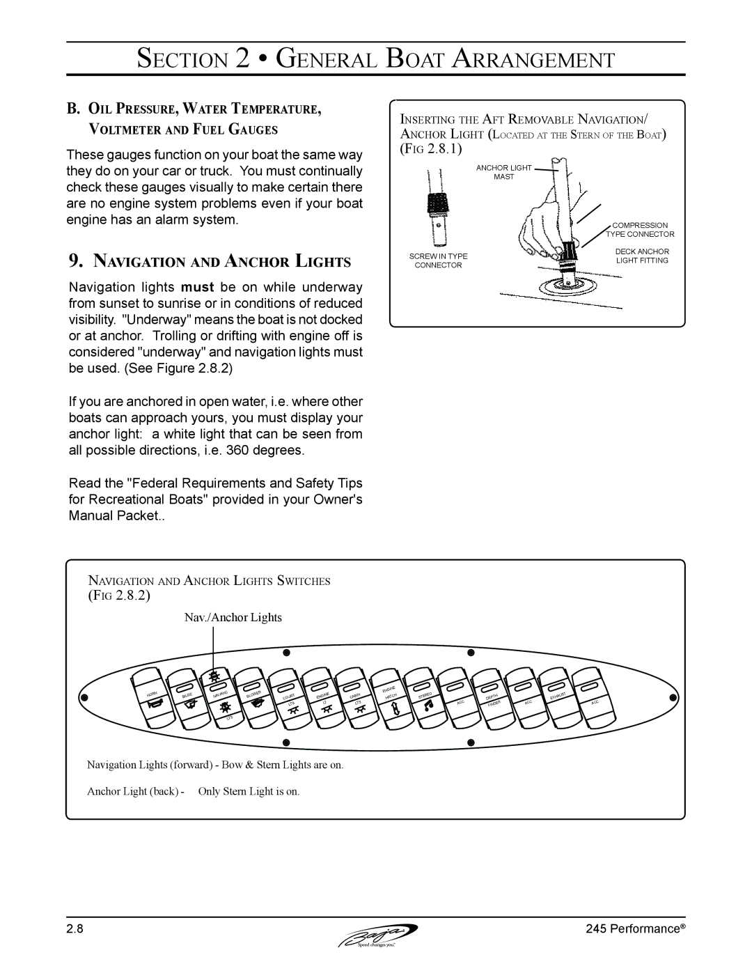 Baja Marine 245 manual Navigation and Anchor Lights, Oil Pressure, Water Temperature, Voltmeter and Fuel Gauges 