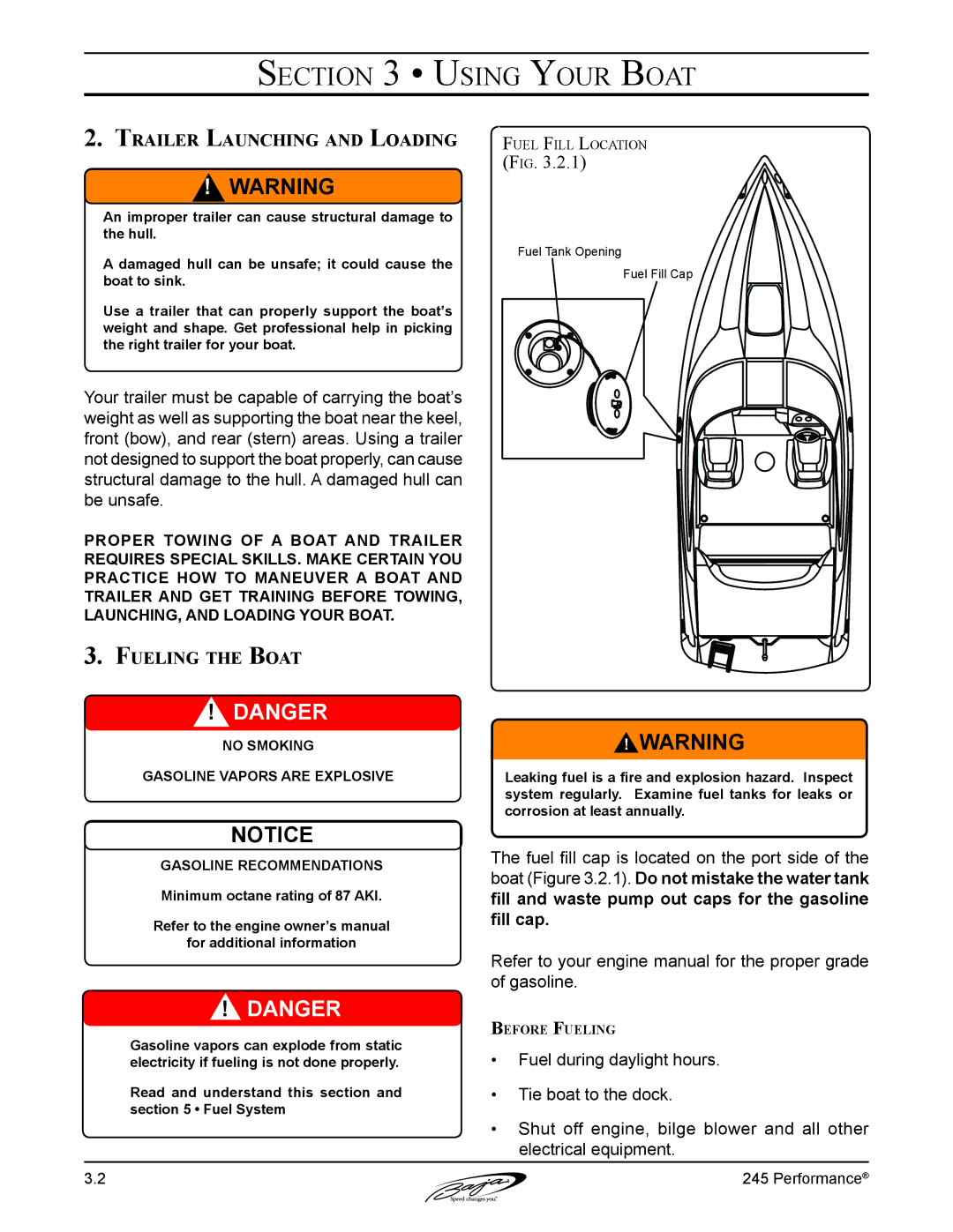 Baja Marine 245 manual Trailer Launching and Loading, Fueling the Boat 