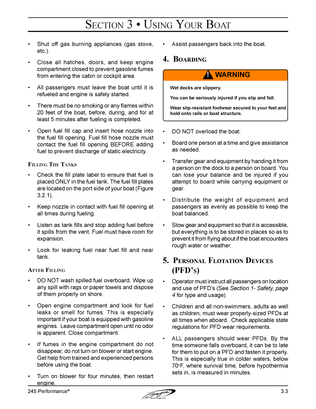 Baja Marine 245 manual Boarding, Personal Flotation Devices 